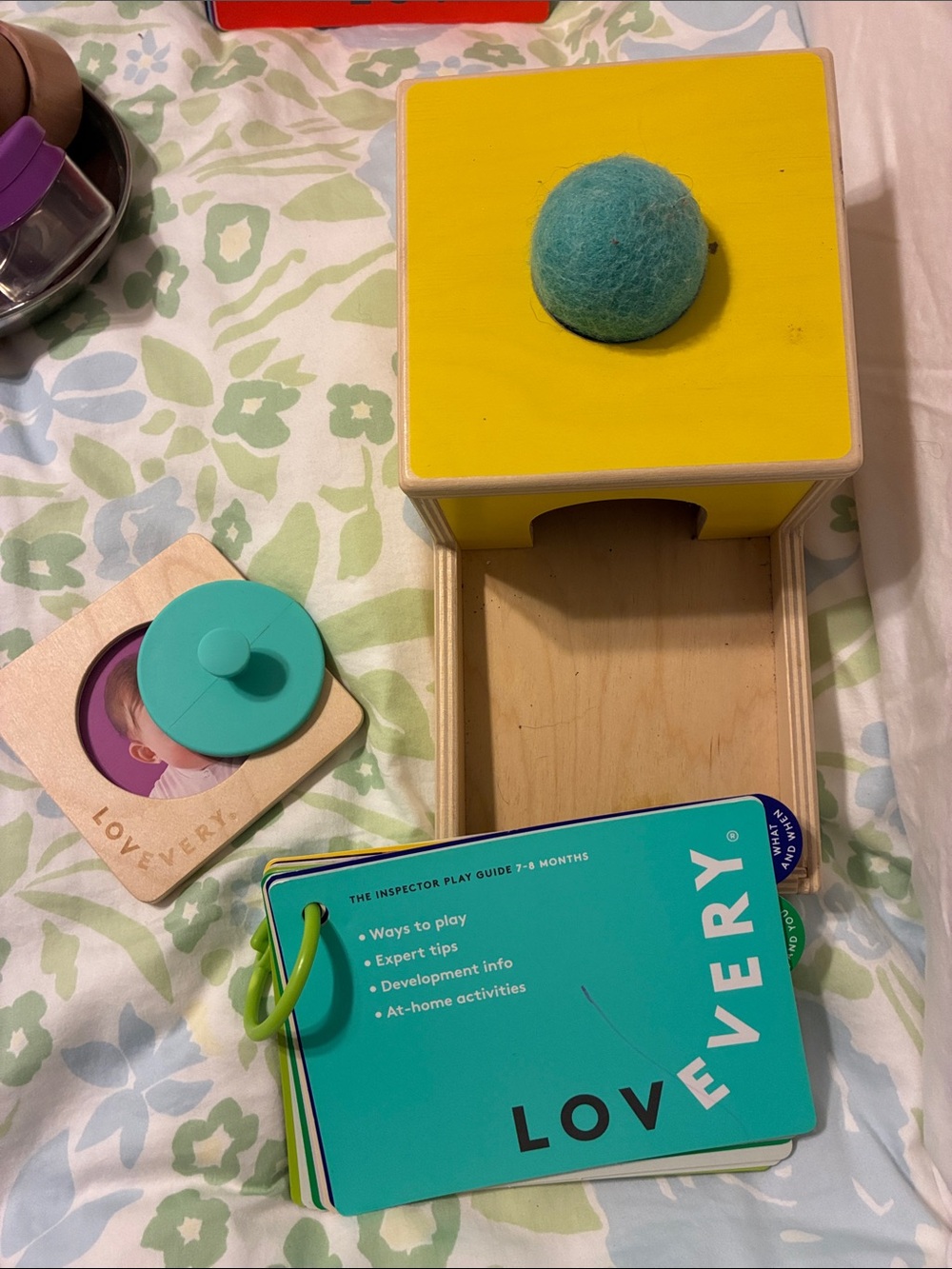 Lovevery Kids Toy Set - Teal Felt Ball & Yellow Pop-Through Box